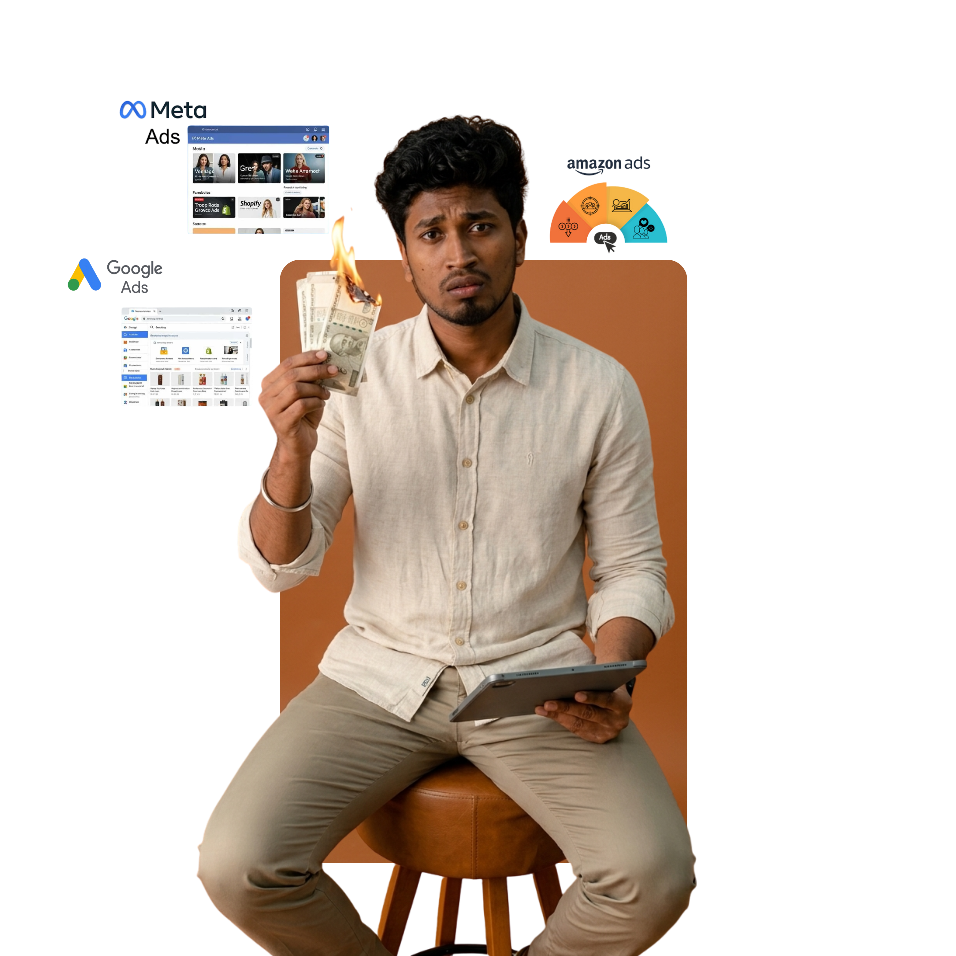 Stressed founder with ad dashboards — ad spend is up but the phone is not ringing